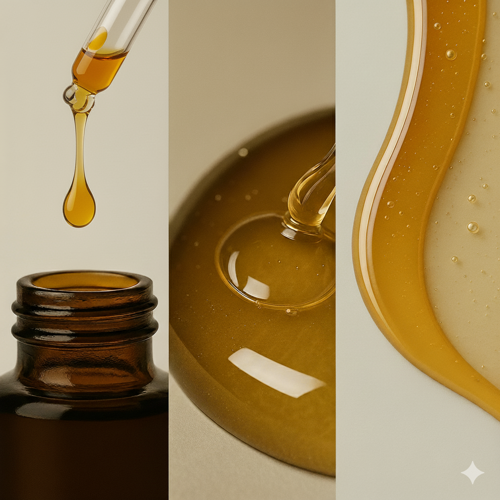 Collage of a dropper with yellow liquid, a bottle cap, and liquid on a beige background